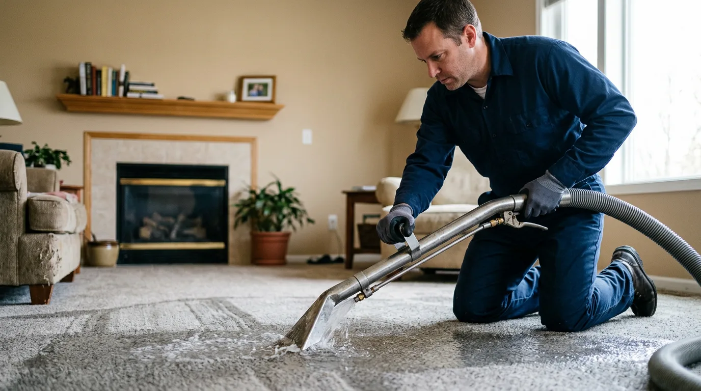 Water damage restoration technician working near Breckenridge, MI